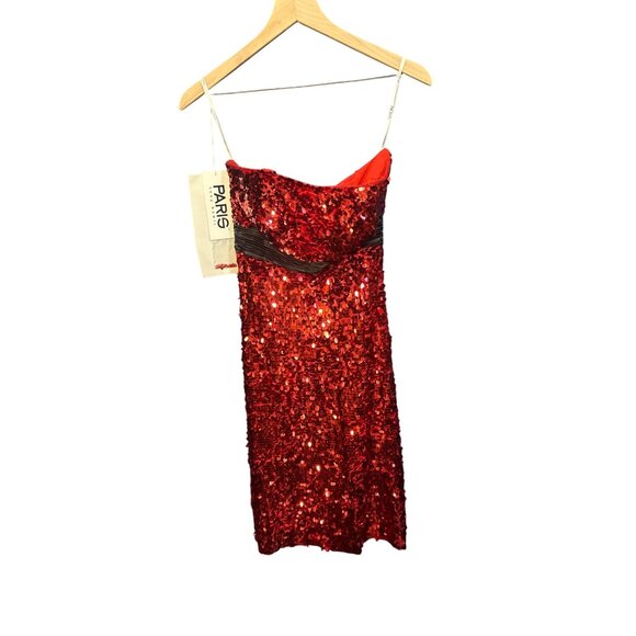 Tony Bowls NWT Red Sequin Strapless Cocktail Dress Size 6 With Black Waist Accen - Picture 1 of 6